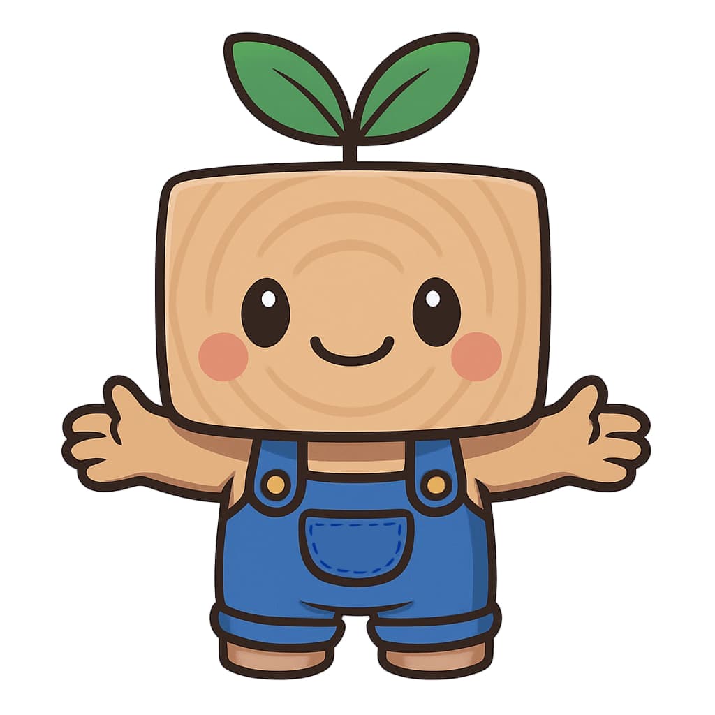 Cartoon character with a wooden block head and blue overalls, holding green leaves.
