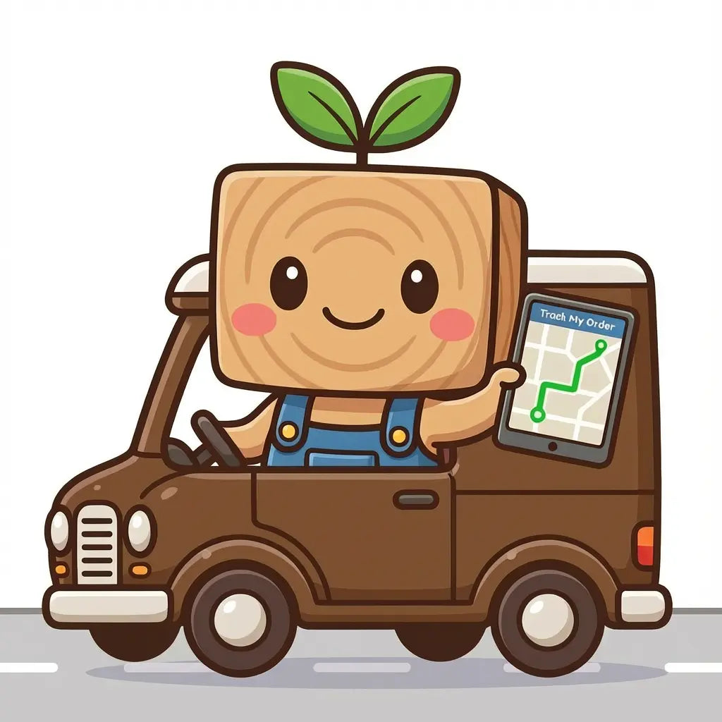 Cartoon character of a wooden block with a plant growing on top, driving a car and holding a smartphone with a map.