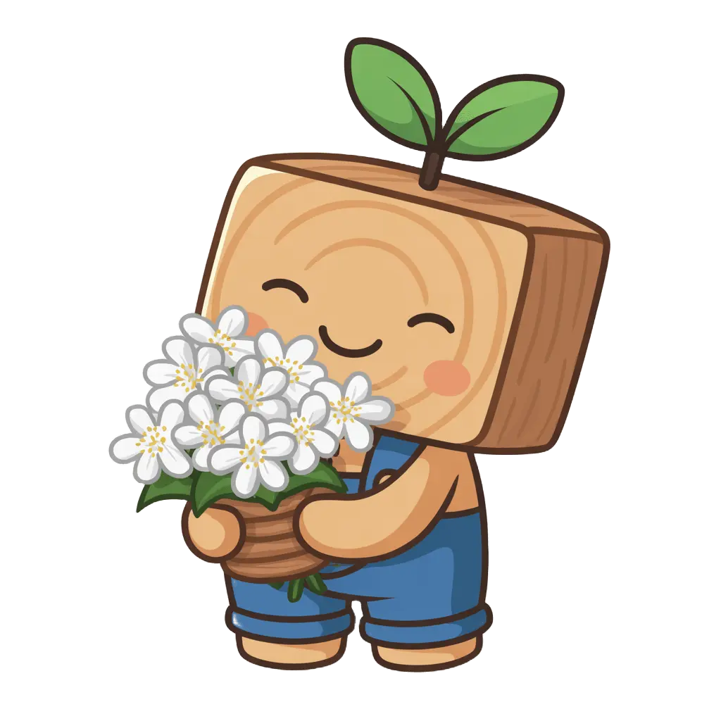 Cartoon character with a wooden block for a head holding flowers on a white background