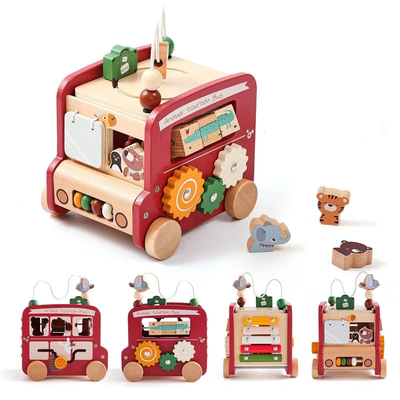 Wooden toy bus with various educational elements on a white background