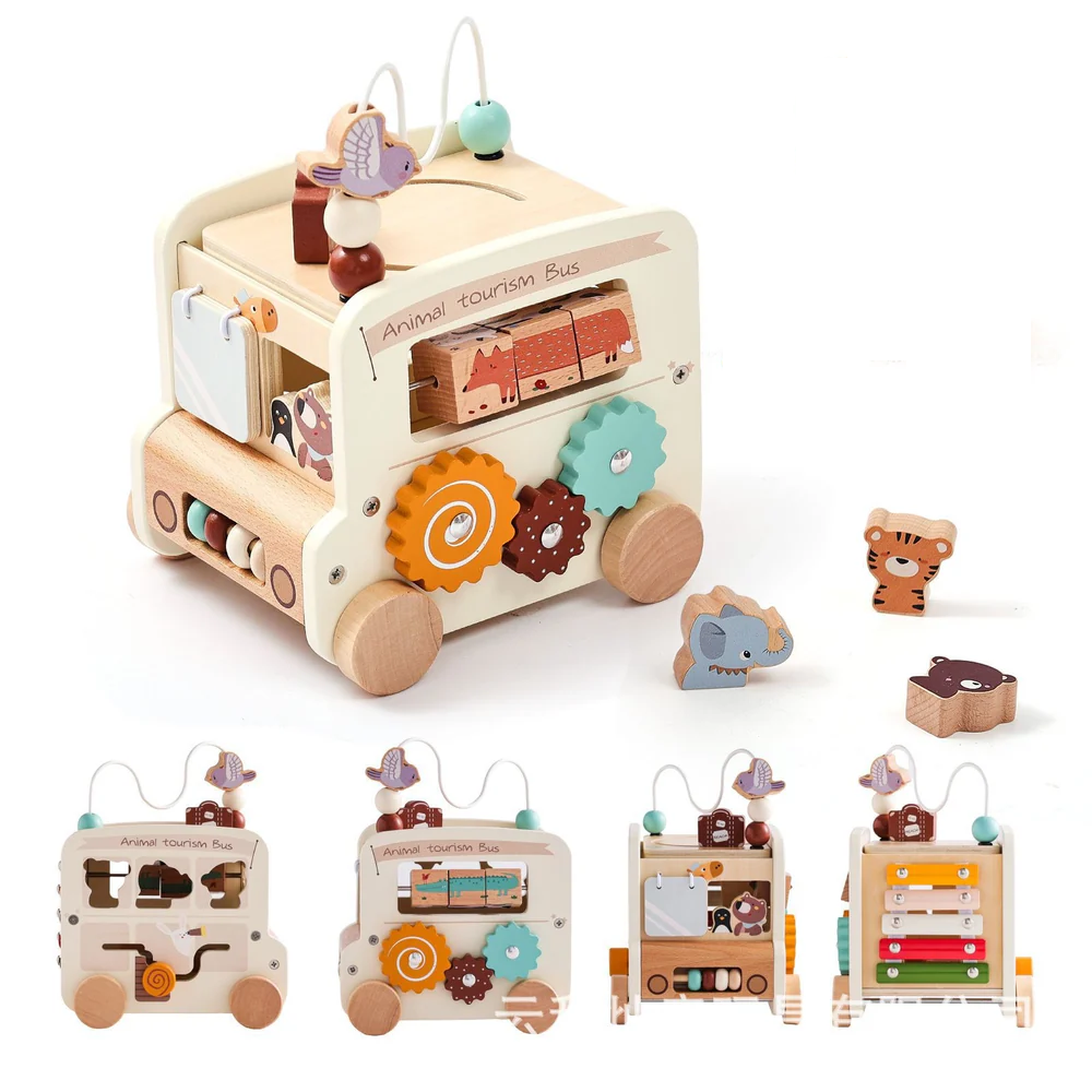 Wooden toy bus with animal figures and colorful wheels on a white background