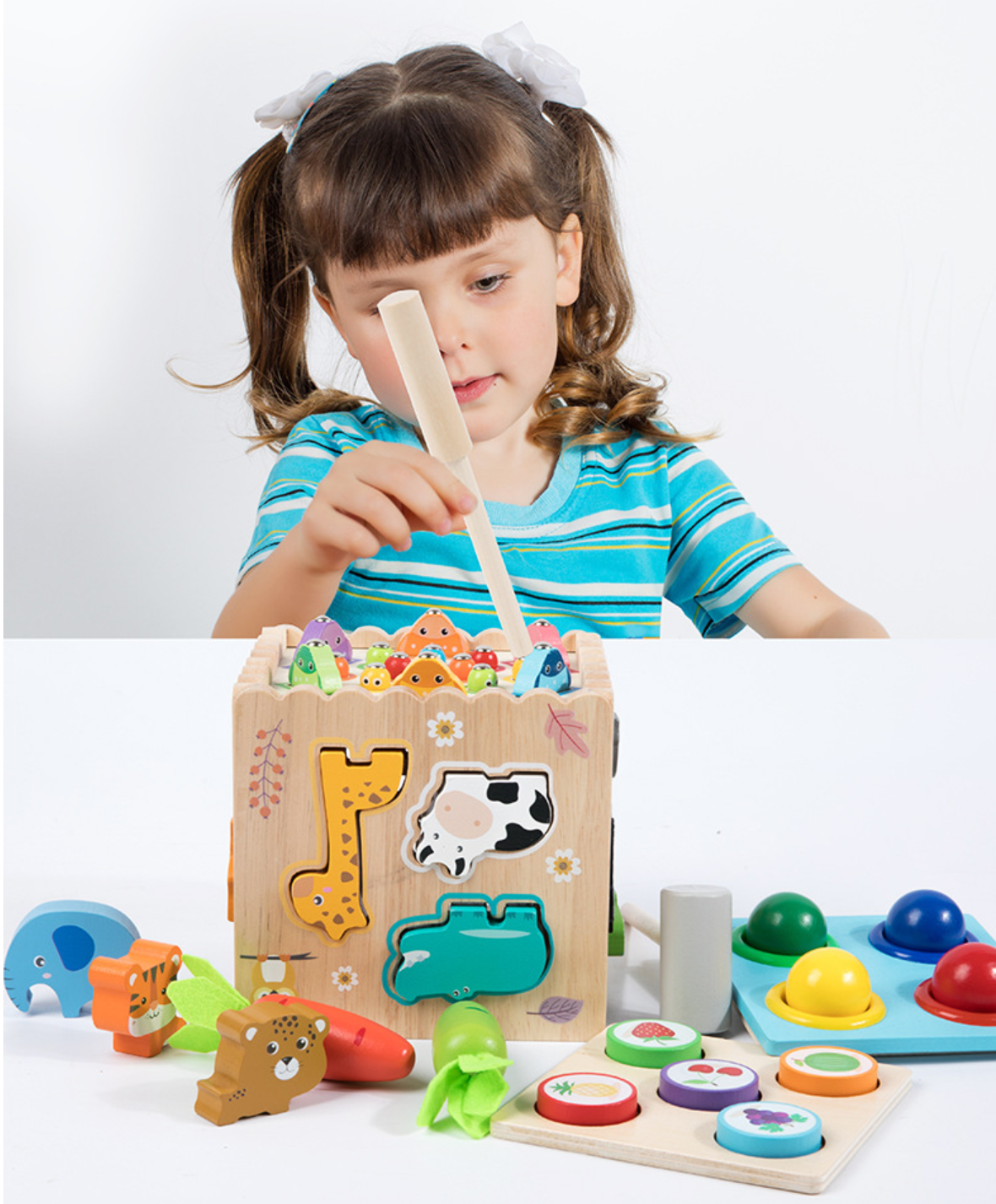 Child playing with a wooden educational toy on a white background