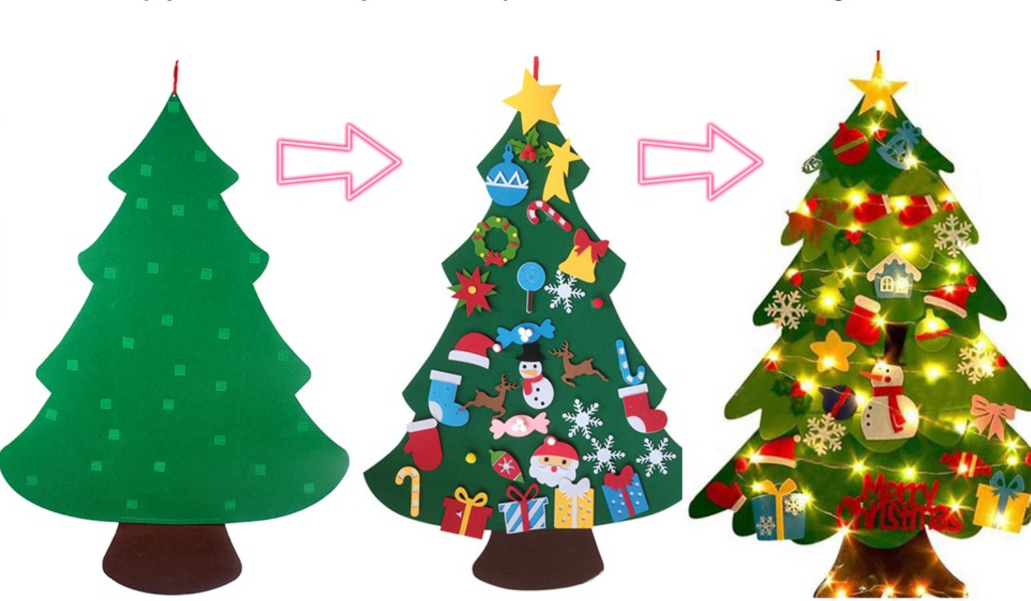 Three stages of a Christmas tree decoration process on a white background