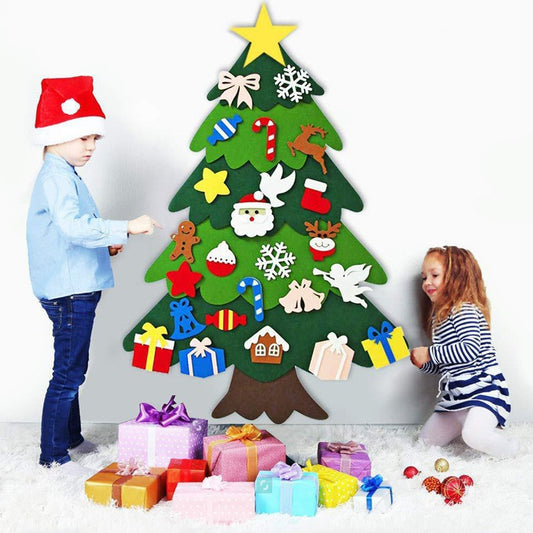 Children decorating a felt Christmas tree with various ornaments on a white background.