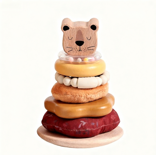 Wooden stacker toy with animal head design on a white background