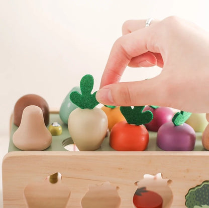 Wooden toy with colorful vegetable shapes and a hand interacting with it.