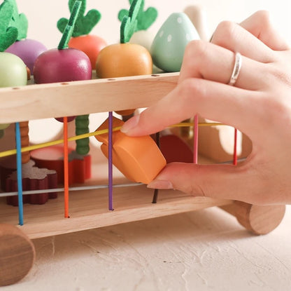 Hand interacting with a wooden toy featuring colorful beads and fruit-shaped blocks.