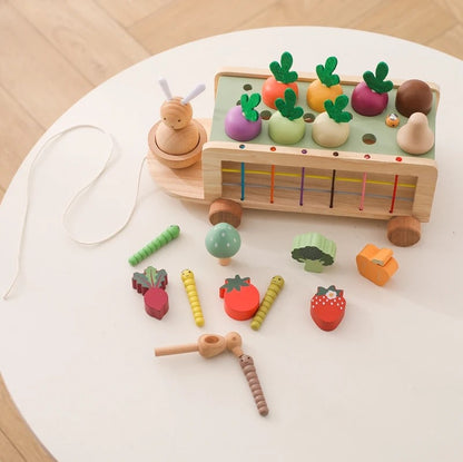 Wooden educational toy set on a white surface