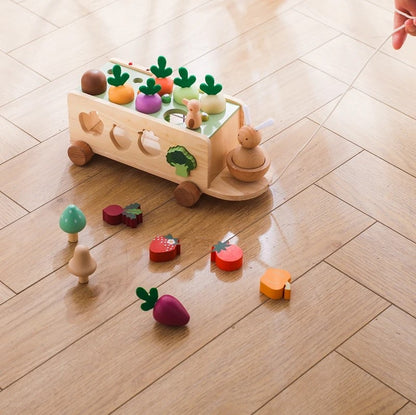 Wooden toy with various shaped blocks on a wooden floor