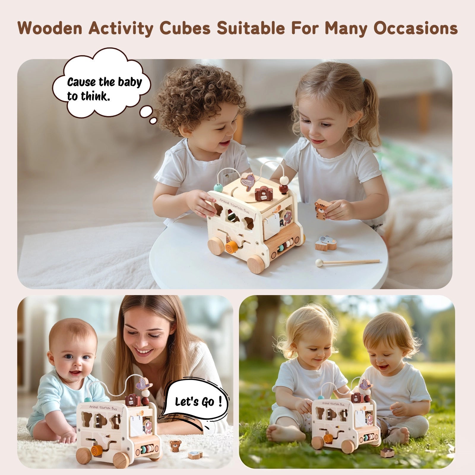 Children playing with wooden activity cubes in various settings