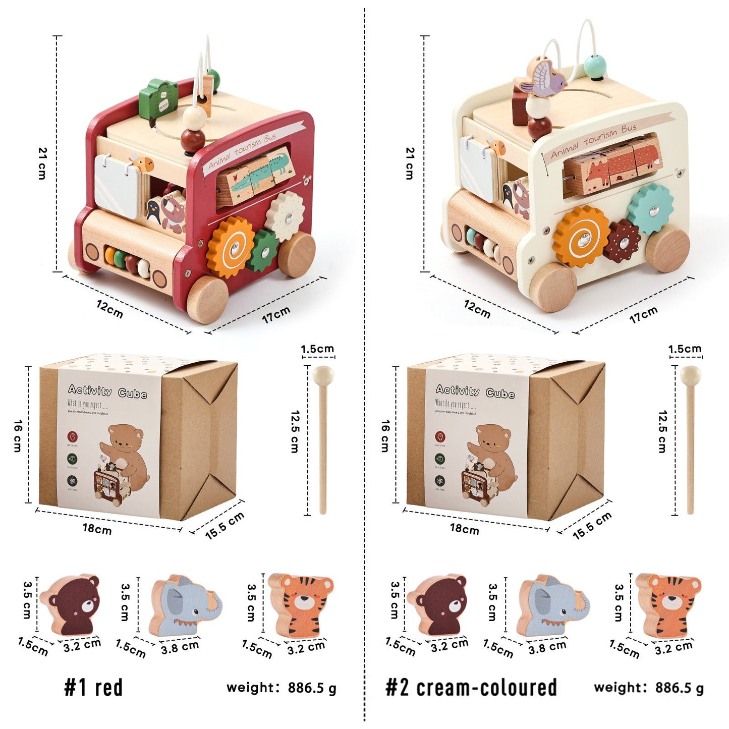 Wooden toy truck and box with measurements and details on a white background