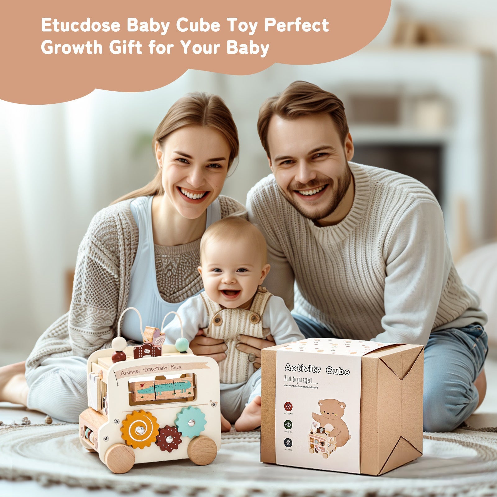 Family with a baby and a toy cube, with text about it being a perfect growth gift.