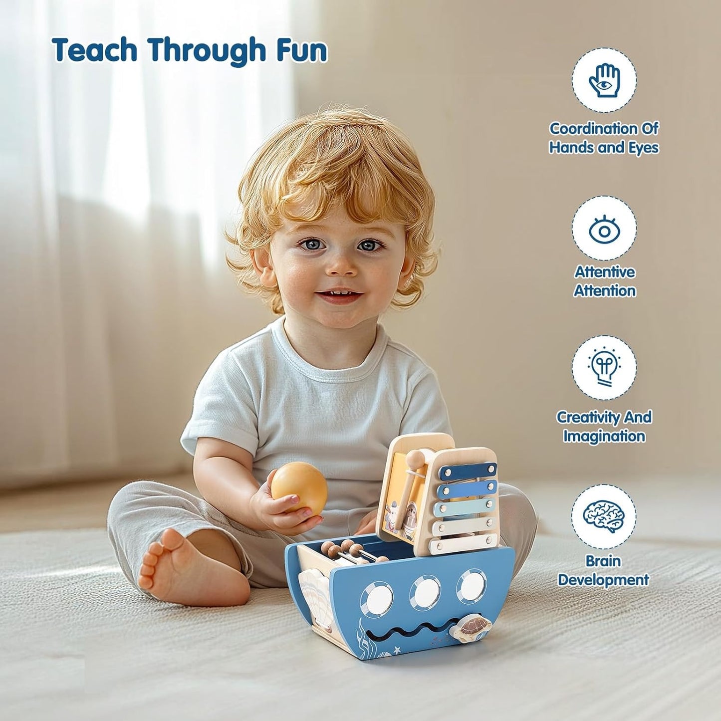 5-in-1 Multi-Activity Wooden Boat Toy