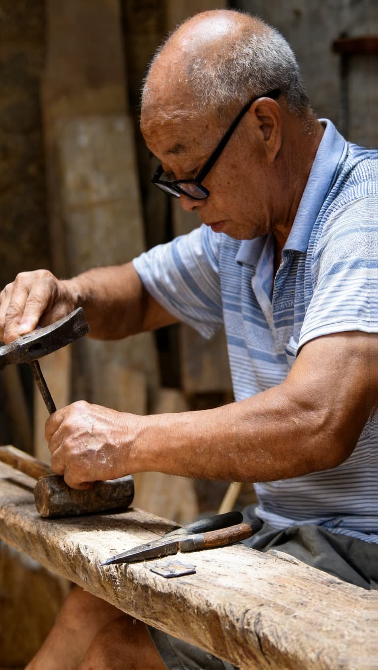 Man working with tools on a wooden surface