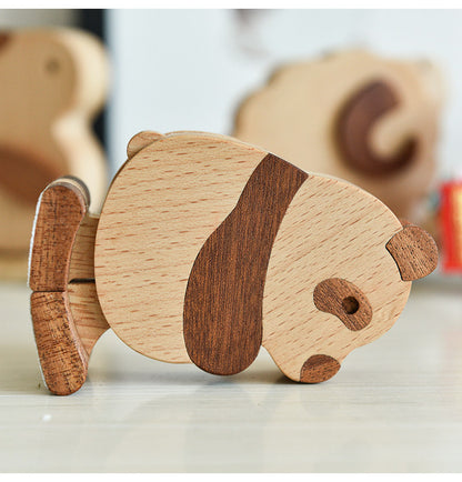 Wooden panda toy with a blurred background