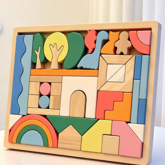 Colorful Montessori wooden castle block set with rainbow, trees, and animal shapes on table