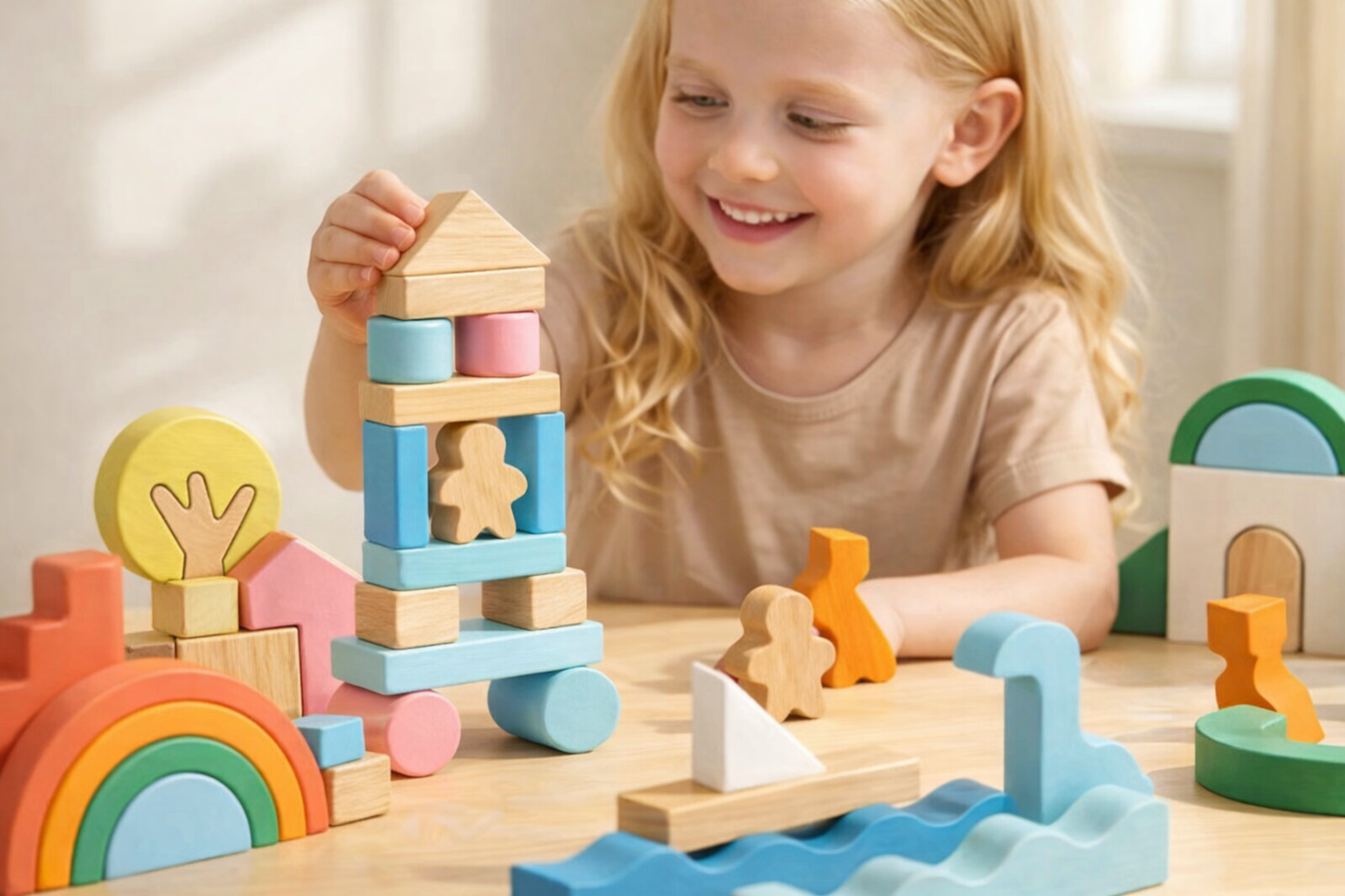 Smiling child playing with colorful handcrafted Montessori wooden building blocks on a table