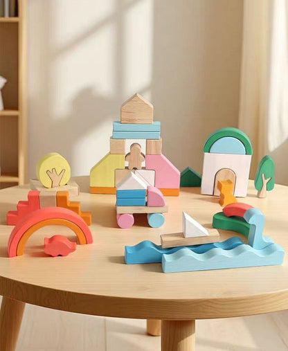 Colorful wooden Montessori rainbow castle block set on round table in sunlit room