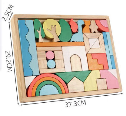 Montessori wooden rainbow castle building block set in tray, eco-friendly and colorful design