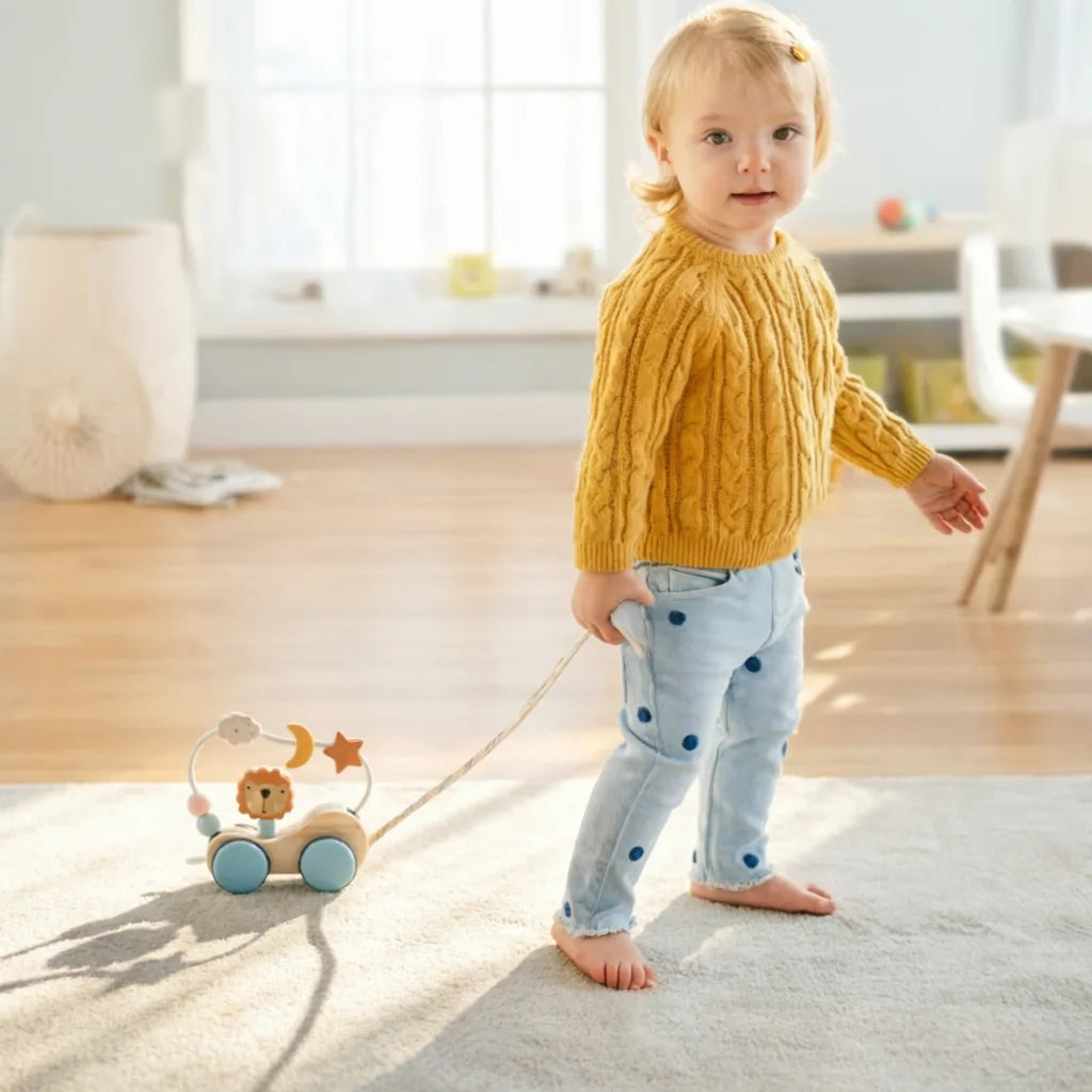 Child in a yellow sweater and blue polka dot pants standing on a rug with a toy in a room.