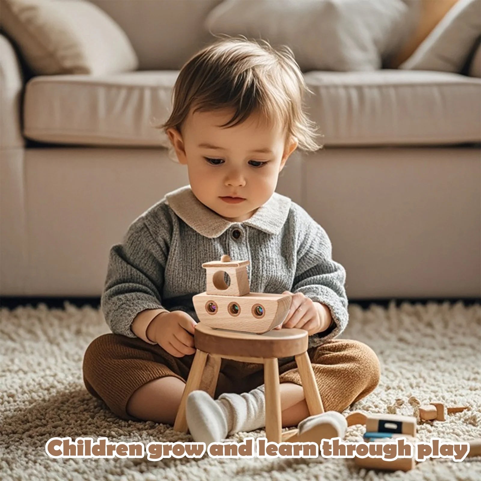 Child playing with a wooden toy boat on a carpeted floor.