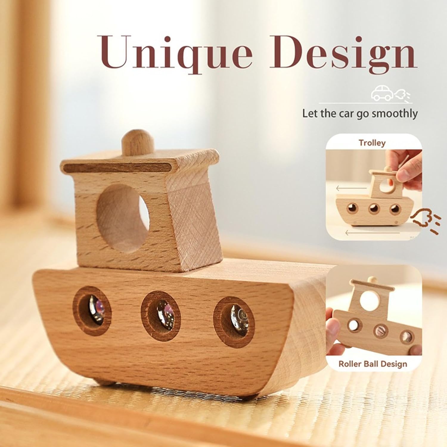 Wooden toy boat with unique design features on a wooden surface