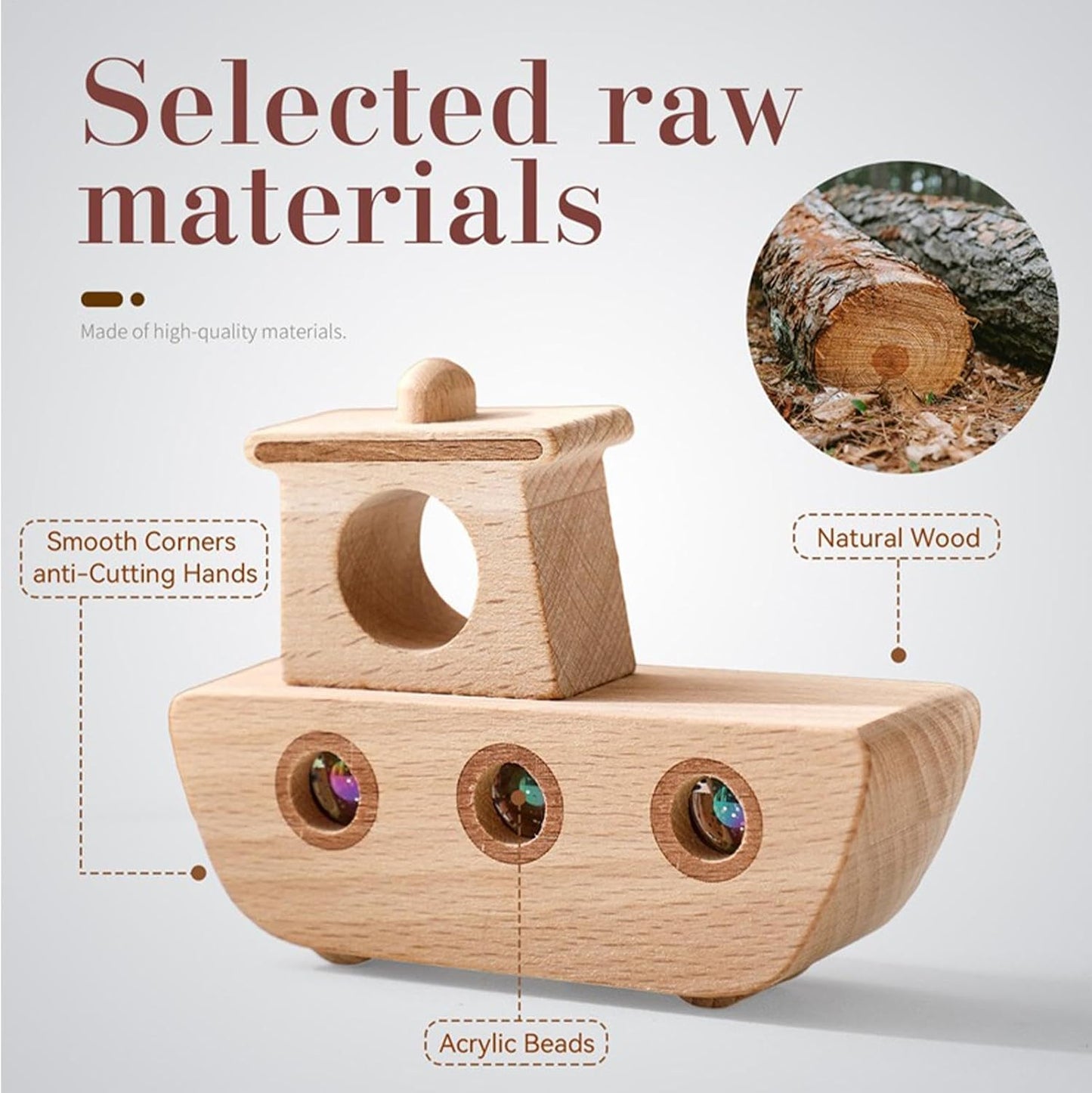 Wooden toy boat with acrylic beads and natural wood material details on a light gray background.
