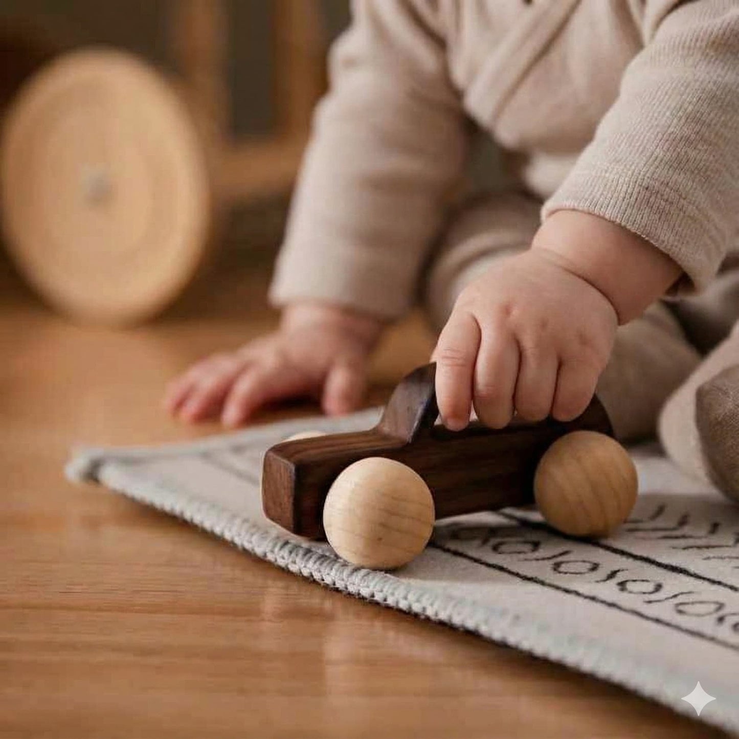 Child playing with a wooden toy car on a wooden floor