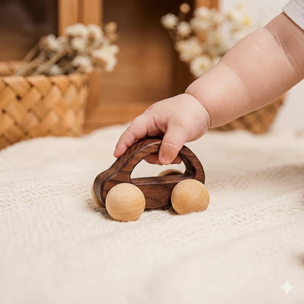 child pushing a Wooden toy car in playroom