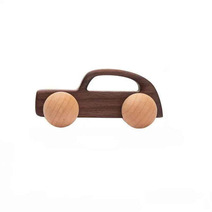 Wooden toy car with a brown body and beige wheels on a white background