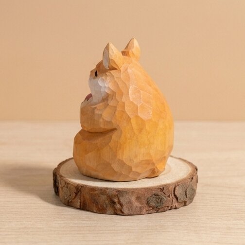 Angled view hand carved wooden squirrel toy figurine design, geometric faceted natural wood finish, Montessori educational toy for toddlers developmental play and small world forest activities