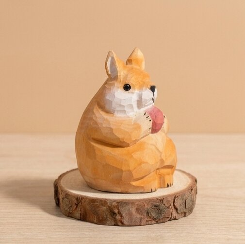 Side profile view handcrafted wooden squirrel animal figurine showing carved details, sustainable natural wood toy safe for kids 18 months+, eco-friendly forest animal toy for toddler playroom and storytelling