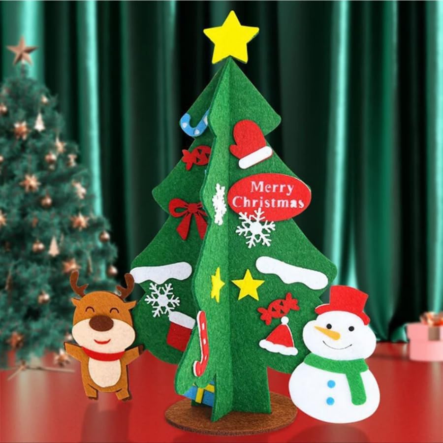 Decorative Christmas tree with ornaments and a snowman figure on a red surface.