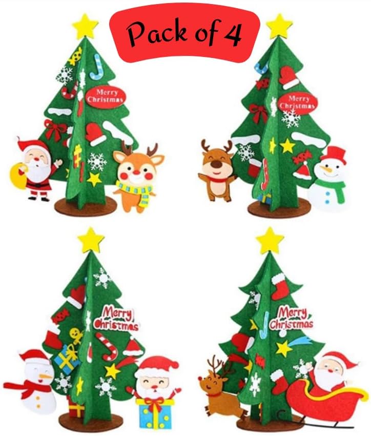 Pack of 4 Christmas-themed felt trees with Santa, reindeer, and snowman decorations on a white background.