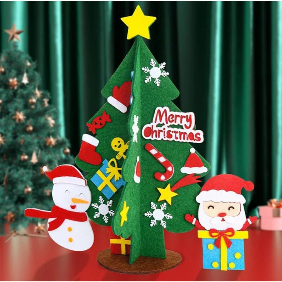 Decorative Christmas tree with festive decorations and a snowman on a red surface.