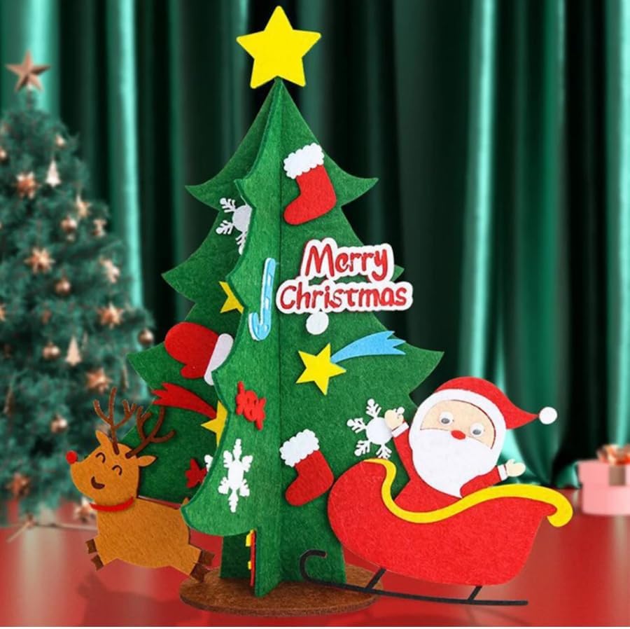 Felt Christmas tree with decorations and 'Merry Christmas' sign on a red surface.