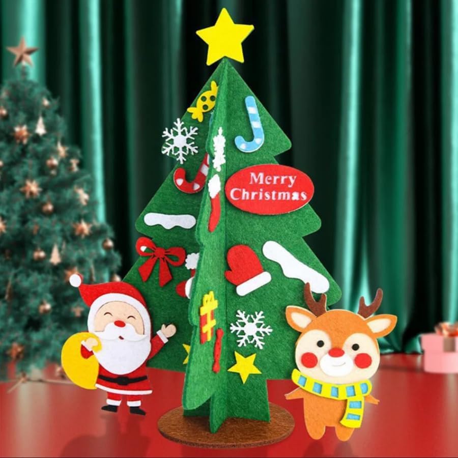 Felt Christmas tree with decorations, Santa Claus, and reindeer on a red surface with a green curtain background.