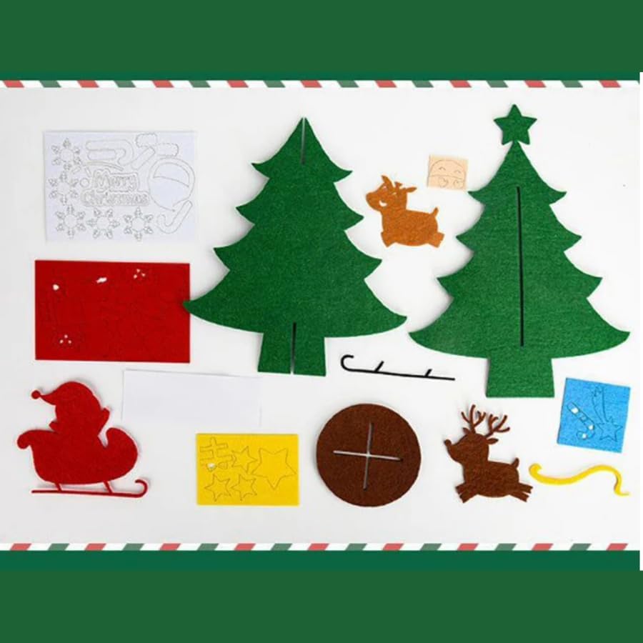 Set of Christmas-themed cutouts including trees, reindeer, and Santa on a white background with red and green border.