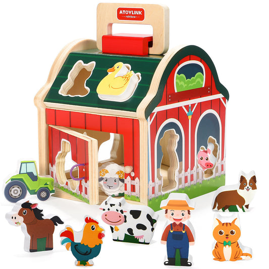Wooden farm toy set with animals and a barn, featuring ATOYK branding.
