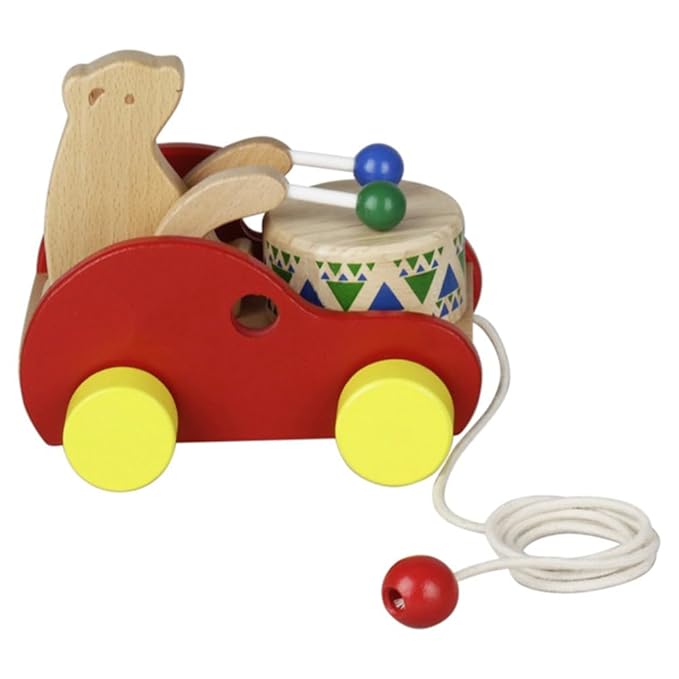 Handcrafted wooden bear drum pull toy with red and yellow wheels, Montessori eco-friendly design