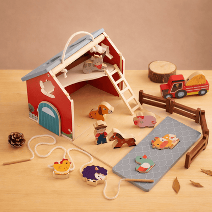 sustainable wooden farm toy set with cow, pig, horse, sheep, and chicken