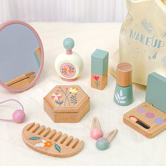 Handcrafted wooden kids makeup play set with mirror, floral designs, eco-friendly toys