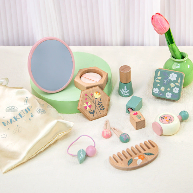 Montessori wooden kids makeup play set with floral designs and eco-friendly accessories.