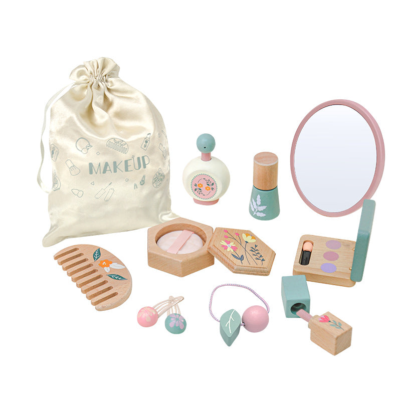 Montessori wooden kids makeup play set with mirror, comb, and accessories, eco-friendly toys