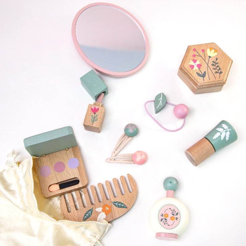 Montessori wooden kids makeup play set with painted floral designs, eco-friendly toys