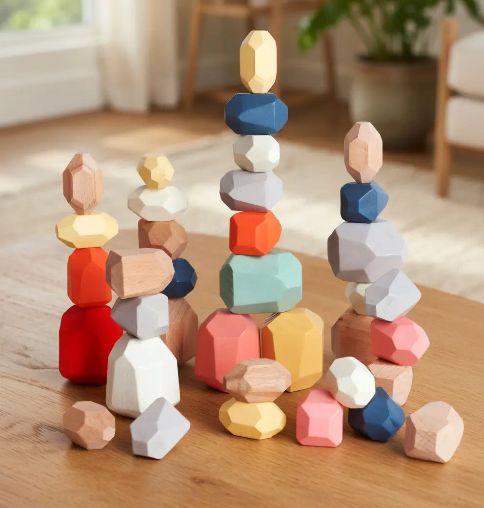 Colorful wooden stacking toys on a wooden surface with a blurred indoor background
