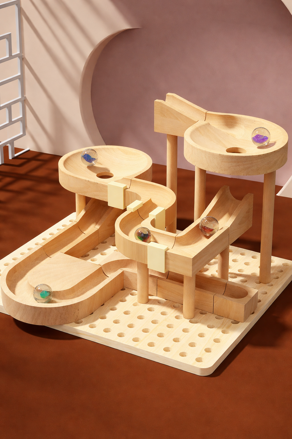 Handcrafted Montessori wooden marble run toy on pegboard base for kids play