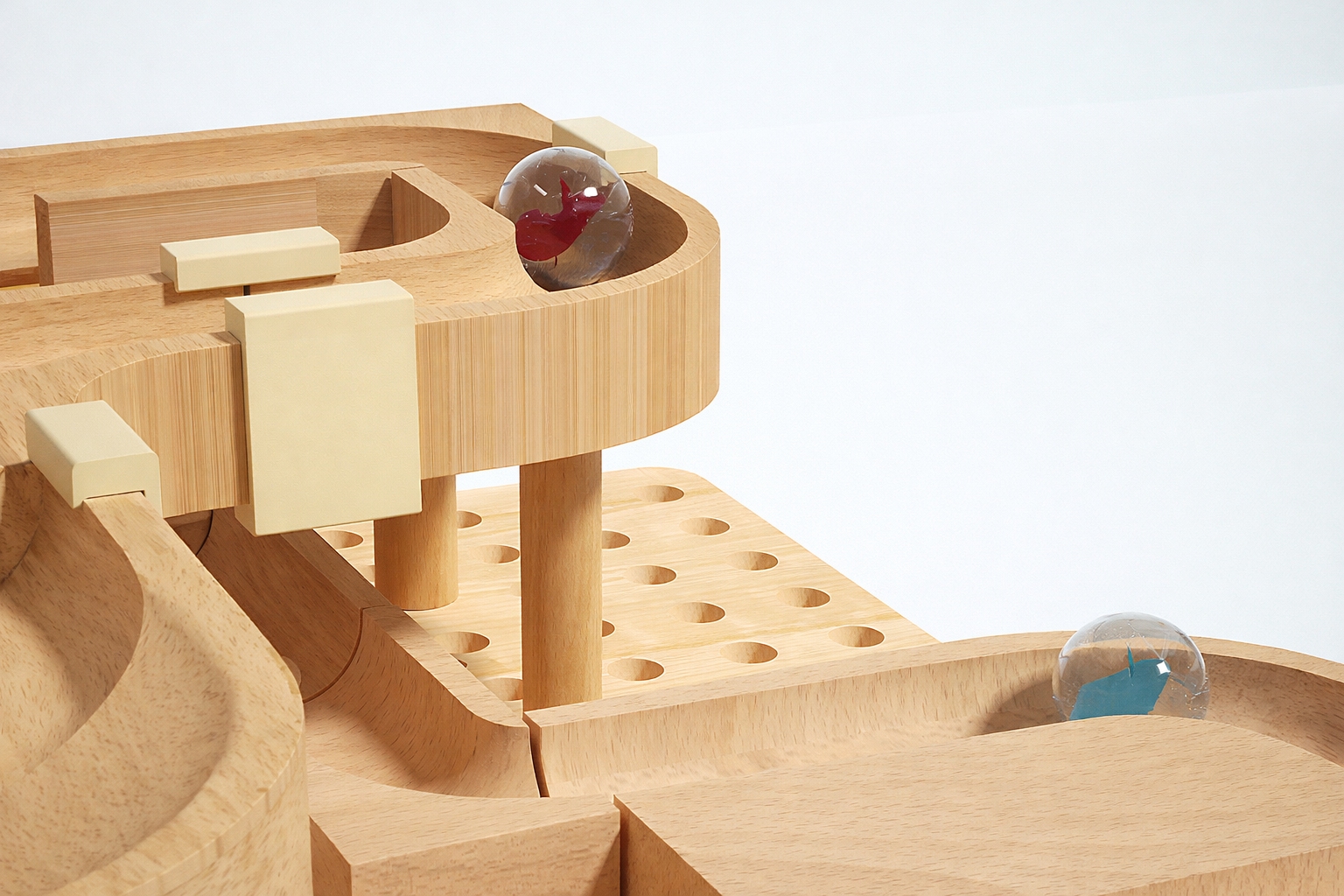Handcrafted wooden marble run toy with glass marbles, Montessori eco-friendly design