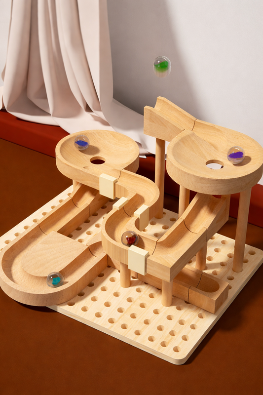 Handcrafted wooden marble track toy on peg base, Montessori eco-friendly kids toy