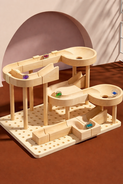 Handcrafted wooden marble run toy on pegboard base, Montessori eco-friendly educational playset